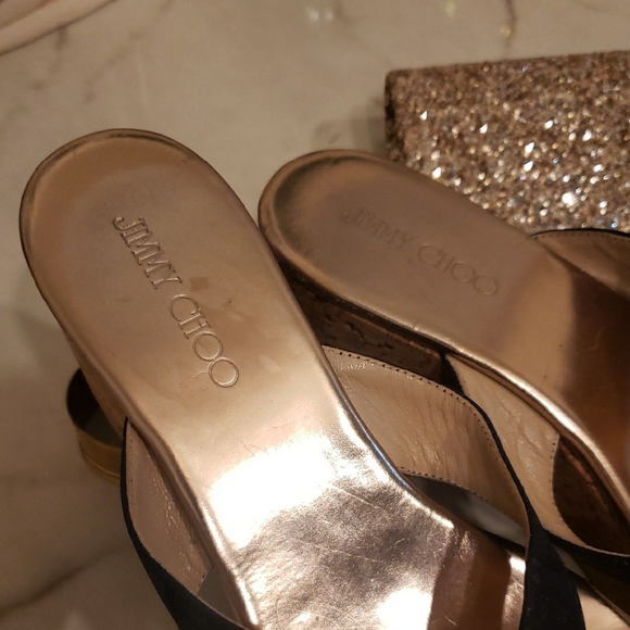 Jimmy Choo Black and Gold Wedge Sandals - Picture 4 of 8